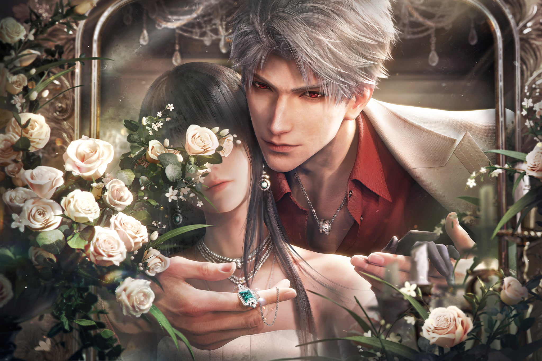The heroine and Sylus surrounded by cream roses in Nightglow.