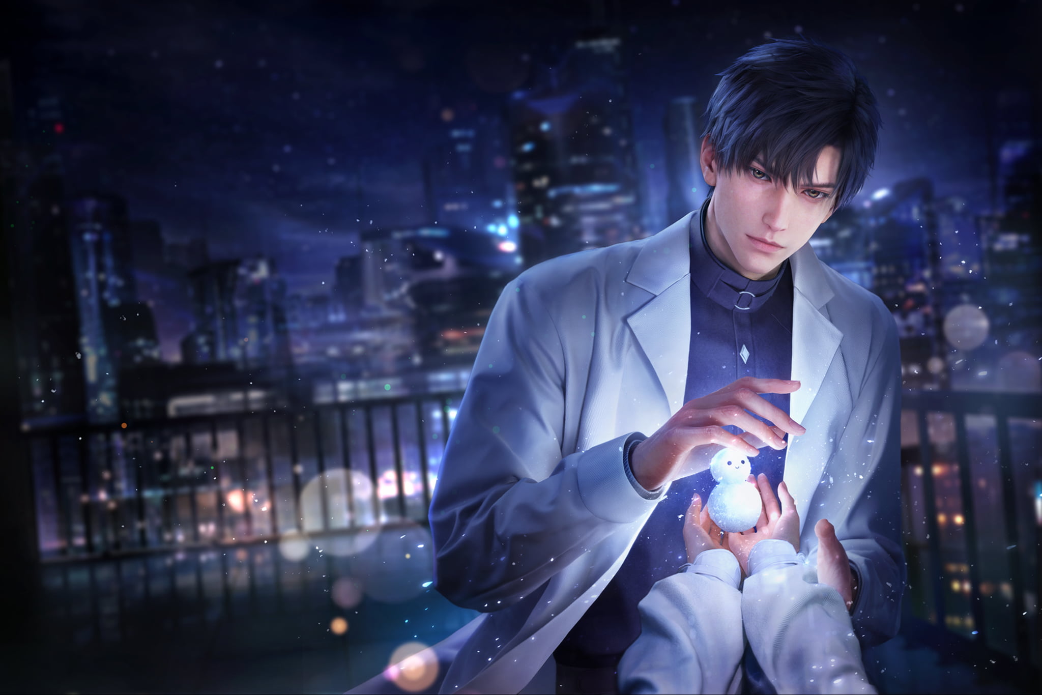 Zayne shapes a small glowing snow figure between his hands on a balcony at night.